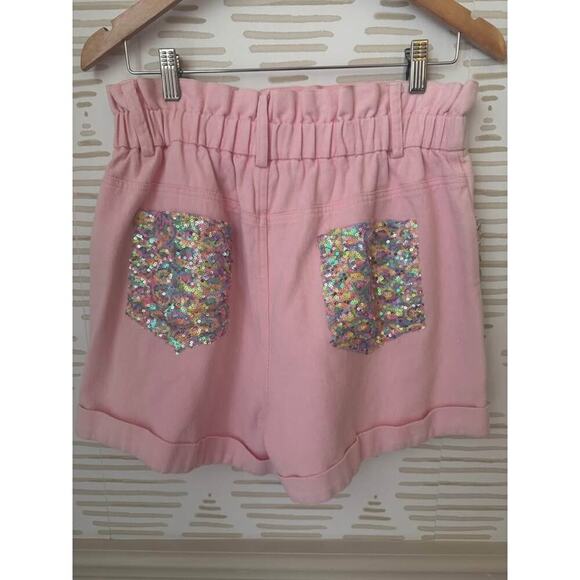 Fantastic Fawn Women’s Large Pink Sequin Color Block Paper Bag Denim Shorts - Picture 6 of 8
